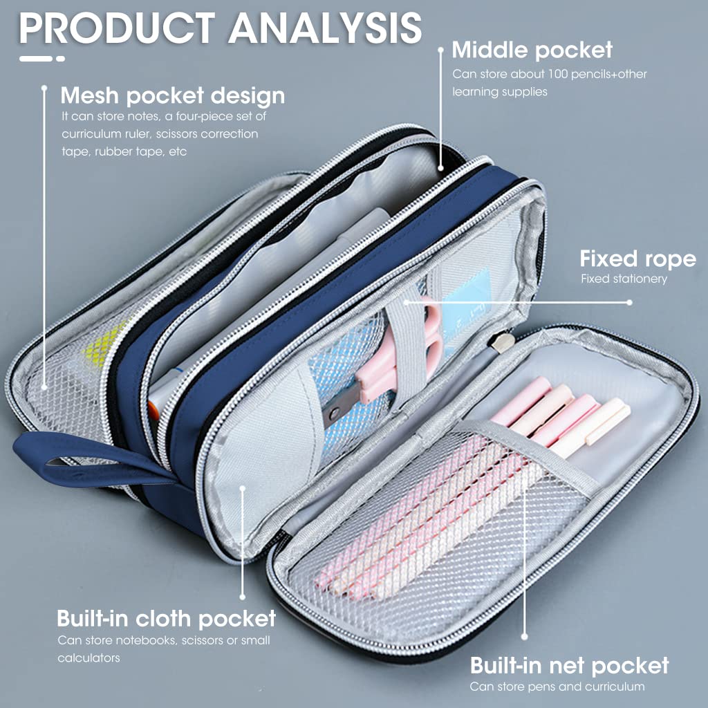 Climberty Large Capacity Pencil Case, 3 Layers of Storage 3 Metal Zippers, Portable Durable Pen Pencil Case with Handle, Aesthetic Pencil Case for School Supplies Office Teen Girls Adults (Blue) Climberty Large Capacity Pencil Case, 3 Layers of Storage 3 Metal Zippers, Portable Durable Pen Pencil Case with Handle, Aesthetic Pencil Case for School Supplies Office Teen Girls Adults (Blue)